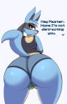  absurd_res anthro big_butt blue_body blue_fur butt camel_toe clothing dialogue english_text female fur genitals hi_res inviting looking_at_viewer lucario nintendo pok&eacute;mon pok&eacute;mon_(species) presenting presenting_hindquarters pussy red_eyes shirt simple_background solo talking_to_viewer tank_top text topwear translucent translucent_clothing translucent_underwear underwear video_games yellow_body yellow_fur zelripheth 