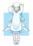  1girl :d adjusting_clothes adjusting_headwear ankle_socks apron arms_up blue_background blush border bow commentary_request contemporary daiyousei fairy fairy_wings full_body green_eyes green_hair hair_bow hand_on_headwear head_scarf kappougi long_hair long_sleeves looking_at_viewer low_wings necktie no_nose open_mouth outside_border puffy_long_sleeves puffy_sleeves rangycrow shoes side_ponytail simple_background smile socks solo standing straight-on tenugui touhou transparent_wings uwabaki white_apron white_border white_footwear white_headwear white_legwear wing_collar wings yellow_bow yellow_necktie |_| 