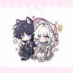  1boy 1girl absurdly_long_hair alternate_costume animal_ear_fluff animal_ears apron artist_request black_coat black_hair black_kimono black_shoes black_sleeves black_vest blank_speech_bubble blunt_bangs blunt_ends blush bow bowtie cat_ears chibi chinese_knot clenched_hand closed_mouth coat commission commissioner_insert couple ears_down eyeliner eyeshadow falling_petals gem genshin_impact hair_intakes hand_up haori_himo hayami_momo_(hayamimomo) hetero holding_hands japanese_clothes jinbaori kimono lapels long_hair long_sleeves makeup oc_x_canon on_swing open_clothes open_mouth open_vest original petals pink_bow pink_bowtie pink_eyes pink_gemstone pink_kimono pink_petals pink_sleeves purple_eyes rabbit_ears red_eyeliner red_eyeshadow scaramouche_(genshin_impact) second-party_source shirt shoes sitting speech_bubble stole swing turtleneck turtleneck_shirt very_long_hair vest waist_apron white_apron white_shirt white_shoes wide_sleeves wispy_bangs 