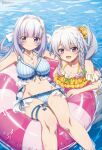  2girls 9-nine- :d absurdres ahoge alternate_costume bare_shoulders bikini blue_bikini blue_eyes blunt_bangs blush bow bracelet braid breasts cleavage closed_mouth collarbone commentary_request curvy day feet_out_of_frame frilled_bikini frills green_ribbon grey_hair groin groping hair_between_eyes hair_bow hair_intakes hair_ornament hair_ribbon hair_scrunchie hairclip halterneck happy highres jewelry kneeling kousaka_haruka large_breasts long_hair looking_at_viewer lying megami_magazine multiple_girls navel necklace niimi_sora o-ring o-ring_thigh_strap official_art on_back open_mouth outdoors parallel_hairclips pink_innertube pool purple_eyes purple_hair relaxing ribbon scrunchie second-party_source shell shell_necklace shiny_skin side-tie_bikini_bottom side_ponytail sidelocks single_braid smile soaking_feet split_mouth stomach striped_bikini striped_clothes striped_innertube swim_ring swimsuit thigh_strap thighs two_side_up vertical-striped_bikini vertical-striped_clothes wading water wet white_bow yellow_bikini yellow_scrunchie 