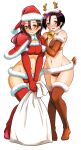  2girls absurdres animal_costume bare_shoulders bell bikini blush boots breasts brown_bikini brown_boots brown_gloves brown_tail capelet cleavage commentary_request elbow_gloves fake_antlers fake_tail full_body fur-trimmed_boots fur-trimmed_capelet fur-trimmed_gloves fur_trim gloves hat highres holding holding_sack kodera_aoi long_hair looking_at_viewer medium_breasts multiple_girls navel neck_bell open_mouth purple_hair red_bikini red_boots red_capelet red_eyes red_gloves red_hair red_hat reindeer_costume sack santa_bikini santa_costume santa_hat second-party_source short_hair simple_background smile sogabe_toshinori stomach swimsuit tail thigh_boots tsuruhashi_madoka white_background yankee_jk_kuzuhana-chan 