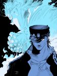  1boy 1other absurdres blue_theme chain coat hat_over_one_eye highres jojo_no_kimyou_na_bouken kujo_jotaro limited_palette male_focus manabu_yashiro signature stand_(jojo) star_platinum stardust_crusaders 