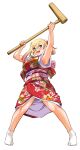  1girl absurdres armpits arms_up bare_arms blonde_hair blush breasts commentary_request full_body green_eyes highres holding holding_above_head japanese_clothes kimono kine kuzuryuu_hanako large_breasts long_hair mallet no_shoes obi official_art open_mouth pink_sash red_kimono sash second-party_source simple_background smile socks sogabe_toshinori solo white_background white_socks yankee_jk_kuzuhana-chan 