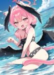  1girl absurdres animal_ears bada_(jksh5056) bare_shoulders bikini black_bikini black_wings blue_archive blush bow breasts cat_ears cat_tail feathered_wings hair_bow halo head_wings highres koharu_(blue_archive) koharu_(swimsuit)_(blue_archive) long_hair looking_at_viewer low_twintails navel ocean open_mouth pink_eyes pink_hair small_breasts solo swimsuit tail thighs twintails wings 