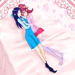  aida_mana arm_behind_head blue_dress blush dokidoki!_precure dress floral_background highres hishikawa_rikka hug mutual_hug on_bed precure purple_sockings socks tenrin underwear yuri 