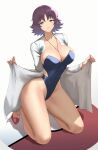  1girl absurdres anagumasan bangs blue_swimsuit breasts cleavage eyebrows_visible_through_hair highres jewelry kneeling labcoat large_breasts looking_at_viewer one-piece_swimsuit parted_lips philena_ivy pokemon pokemon_(anime) pokemon_(classic_anime) purple_eyes purple_hair shoes short_hair smile solo strapless swimsuit thighs 