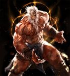  1boy bara beard black_eyes clenched_teeth crown elden_ring facial_hair fighting_stance highres hoarah_loux jang_ju_hyeon legs_apart loincloth long_beard looking_at_viewer male_focus muscular muscular_male pectorals pelvic_curtain solo standing teeth white_hair 