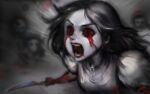  1girl alice:_madness_returns alice_(alice_in_wonderland) american_mcgee&#039;s_alice blood blood_from_eyes blood_on_face blood_on_hands dress highres jewelry knife long_hair open_mouth pale_skin phantom_ix_row red_eyes shouting solo 