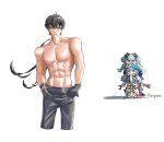  1boy abs black_gloves black_hair black_pants camellya_(wuthering_waves) carlotta_(wuthering_waves) closed_mouth commentary cropped_legs english_commentary gloves highres jinhsi_(wuthering_waves) lennykaise looking_at_viewer male_focus male_rover_(wuthering_waves) muscular muscular_male pants rover_(wuthering_waves) shorekeeper_(wuthering_waves) simple_background sweat twitter_username white_background wuthering_waves yellow_eyes 