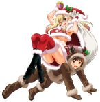  1boy 1girl ;d absurdres all_fours animal_costume bikini black_boots blonde_hair blush boots breasts brown_hair capelet christmas commentary_request full_body fur-trimmed_bikini fur-trimmed_boots fur-trimmed_capelet fur-trimmed_headwear fur-trimmed_skirt fur-trimmed_thighhighs fur_trim gift hat highres holding holding_gift holding_sack kuzuryuu_hanako long_hair looking_at_viewer one_eye_closed open_mouth panties pantyshot red_bikini red_capelet red_hat red_panties red_skirt red_thighhighs reindeer_costume sack santa_bikini santa_costume santa_hat saotome_hodaka second-party_source short_hair simple_background sitting sitting_on_person skirt smile sogabe_toshinori sweat swimsuit thighhighs underboob underwear white_background yankee_jk_kuzuhana-chan 