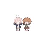  1boy 1girl :d :o alternate_hair_ornament bangs black_jacket black_legwear blush blush_stickers brown_hair brown_skirt chibi closed_eyes danganronpa:_trigger_happy_havoc danganronpa_(series) danganronpa_2:_goodbye_despair facing_viewer fujisaki_chihiro full_body gamhwa green_jacket green_ribbon happy highres jacket nanami_chiaki neck_ribbon open_clothes open_jacket pink_ribbon pleated_skirt ribbon shoes short_hair skirt smile standing thighhighs triangle_hair_ornament two-tone_shirt 