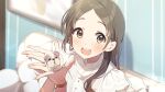  1girl :d absurdres blush brown_eyes brown_hair couch gakuen_idolmaster hashtag-only_commentary highres holding holding_stuffed_toy idolmaster indoors kuramoto_china lens_flare long_hair looking_at_viewer open_mouth parted_bangs reikakrzk shirt smile solo stuffed_animal stuffed_dog stuffed_toy teeth upper_teeth_only watch white_shirt wristwatch 