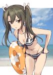  1girl adapted_costume bikini black_bikini breasts brown_eyes cleavage commentary_request cowboy_shot front-tie_top grey_hair highres innertube kantai_collection long_hair looking_at_viewer minosu small_breasts solo swimsuit twintails unfinished zuikaku_(kancolle) 