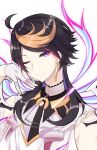  1boy absurdres bangs bare_shoulders black_hair brown_hair closed_mouth earrings eyebrows_visible_through_hair gloves half_gloves hand_up head_tilt highres jewelry long_hair male_focus multicolored_hair nijisanji nijisanji_en one_eye_closed parted_bangs pink_hair purple_eyes purple_hair shirasu_youichi shirt shu_yamino simple_background sleeveless sleeveless_shirt solo streaked_hair virtual_youtuber white_background white_gloves white_shirt 