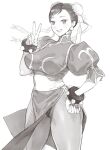  1girl bracelet china_dress chinese_clothes chun-li clenched_hand conto double_bun dress earrings eyelashes greyscale hair_bun hand_on_hip highres jewelry monochrome obi pantyhose pelvic_curtain puffy_short_sleeves puffy_sleeves sash short_sleeves spiked_bracelet spikes street_fighter street_fighter_ii_(series) thighs v 