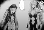  ... 2girls artoria_pendragon_(caster)_(fate) artoria_pendragon_(fate) bangs beret blush bow braid breasts buttons cape center_opening cleavage double-breasted dress fate/grand_order fate_(series) french_braid greyscale hair_bow hat highres hood hooded_cape hxd large_breasts long_hair long_sleeves monochrome morgan_le_fay_(fate) multiple_girls navel pelvic_curtain ponytail pout sidelocks small_breasts twintails two-tone_dress very_long_hair wide_sleeves 