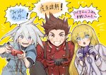  :o black_pants black_shirt blonde_hair blue_eyes blue_jacket blue_shorts blue_trim blush brown_eyes brown_hair colette_brunel cropped_jacket dress flying_sweatdrops gamecube_controller genis_sage gloves grin jacket leaning_forward lloyd_irving long_bangs long_hair long_sleeves mokkoyo_nk open_mouth pants red_gloves red_shirt scarf shirt shorts sidelocks simple_background sitting smile speech_bubble surprised suspenders tales_of_(series) tales_of_symphonia undershirt white_dress white_gloves white_hair white_jacket white_scarf yellow_background 