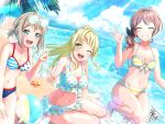  3girls :d ;d ^_^ aoba_moca bang_dream! bangs bare_shoulders barefoot beach bikini black_ribbon blonde_hair blue_bikini blue_eyes blue_sky blush breasts brown_hair cleavage closed_eyes cloud collarbone commentary_request day diagonal_bangs eyebrows_visible_through_hair eyewear_on_head grey_hair groin hair_between_eyes hair_ribbon highres large_breasts lens_flare light_rays long_hair looking_at_viewer medium_breasts midriff mismatched_bikini multiple_girls navel ocean official_style one_eye_closed open_hand open_mouth outdoors palm_leaf polka_dot polka_dot_bikini ponytail ribbon shadow short_hair sidelocks signature sitting sky smile sparkle squatting star_(symbol) star_print starfish striped striped_bikini summer sunbeam sunglasses sunlight swimsuit teeth tsurumaki_kokoro tsurumaki_negi upper_teeth v wet white_bikini yamabuki_saaya yellow_bikini yellow_eyes yokozuwari 