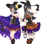 2girls :d argyle argyle_cape ascot bangs bare_arms bare_shoulders black_choker black_gloves black_hair blonde_hair breasts cape choker commentary detached_collar eyebrows_visible_through_hair facial_mark gentoo_penguin_(kemono_friends) gloves hair_between_eyes halloween_costume hand_on_hip hat headphones highres holding holding_lantern holding_staff kemono_friends kneehighs lantern long_hair looking_at_viewer medium_breasts multicolored_hair multiple_girls open_mouth orange_hair puffy_short_sleeves puffy_sleeves purple_skirt red_hair rockhopper_penguin_(kemono_friends) short_hair short_sleeves simple_background skirt smile spider_web_print staff star_(symbol) striped striped_legwear tanabe_(fueisei) two-tone_hair underbust white_ascot white_background witch_hat 
