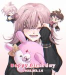  1girl bangs blush chibi danganronpa_(series) danganronpa_2:_goodbye_despair flipped_hair hair_ornament happy_tears hinata_hajime hood jacket komaeda_nagito medium_hair monomi_(danganronpa) nanami_chiaki pink_eyes ribbon shirt tears ttu_(living_baka) 