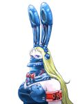  1girl absurdres animal_ears armband blonde_hair blue_eyes bow bowtie breasts cleavage commentary fake_animal_ears highres huge_breasts manabu_yashiro mask mechanical_ears playboy_bunny rabbit_ears red_bow red_bowtie revision sensha_isu:_tank_chair signature solo touko_(tank_chair) upper_body 