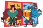  abstract_background anthro barefoot big_breasts big_muscles blue_body blue_hair blue_skin bottomwear breasts claws cleavage clothed clothing dragon dragon_tail duo eye_contact feet female hair hammer huge_breasts huge_muscles long_hair looking_at_another male male/female melee_weapon muscular muscular_anthro muscular_female muscular_male nana_(pebthedrabold) navel pebthedrabold pecs ponytail red_body red_hair red_skin reddy_(pebthedrabold) shirt shorts simple_background sword thick_thighs tight_clothing tools topwear weapon white_background wide_hips yellow_sclera zipper 