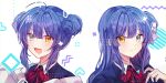  2girls :d bangs blue_hair blue_shirt blush bow closed_mouth collared_shirt double_bun eyebrows_visible_through_hair fang grey_eyes hair_between_eyes hair_bow hair_bun heterochromia long_hair looking_at_viewer multiple_girls open_clothes original red_bow seno_(senohime) shirt siblings side_bun simple_background sisters smile twins upper_body white_background white_bow yellow_eyes 