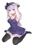  1girl absurdres armpits arms_behind_head arms_up bare_shoulders black_legwear breasts celite dress frilled_dress frills grey_hair hair_bun hair_tie_in_mouth hairband halter_dress halterneck highres long_hair looking_at_viewer medium_breasts mouth_hold no_shoes original purple_dress red_eyes simple_background sitting sleeveless sleeveless_dress solo spaghetti_strap thighhighs very_long_hair wariza white_background zettai_ryouiki 