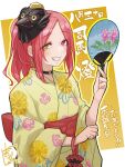  1girl absurdres alternate_hairstyle artist_name assault_lily bird_mask black_choker blush border bright_pupils butterfly_earrings character_name choker commentary_request earrings fang floral_print green_eyes grin hand_fan hands_up heterochromia highres holding holding_fan japanese_clothes jewelry kimono kinchaku long_hair long_sleeves looking_at_viewer mabuta_kayumi mask mask_on_head mole mole_above_mouth o-ring o-ring_choker obi outline outside_border paper_fan parted_bangs parted_lips ponytail pouch print_kimono red_eyes red_hair sash shiba_tomoshibi simple_background smile solo standing translation_request upper_body white_border white_pupils wide_sleeves yellow_background yellow_kimono yellow_outline 