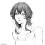  1girl alternate_costume bare_shoulders breasts closed_mouth collarbone commentary english_commentary greyscale highres lennykaise long_hair medium_breasts monochrome shorekeeper_(wuthering_waves) simple_background sketch smile solo twitter_username upper_body white_background wuthering_waves 