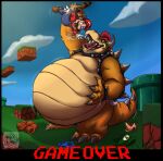  after_vore animal_humanoid anthro anthro_pred belly belly_grab big_belly bloated blue_eyes bodily_fluids bowser bracelet claws clothes_on_ground clothing cloud collar costume crown day drooling duo english_text facial_hair footwear game_over game_over_screen gameplay_mechanics gloves grass hair hand_on_belly handwear hat headgear headwear hi_res horn huge_belly humanoid imminent_vore jewelry koopa larger_male lifting_another male male_pred mammal mammal_humanoid mario mario_bros multiple_prey muscular muscular_anthro muscular_arms muscular_male mustache nintendo open_mouth outside overalls plant procyonid procyonid_humanoid raccoon_humanoid ramzi red_eyes red_hair reptile saliva saliva_string scales scalie scarf shake_lines sharp_teeth shell shoes size_difference smaller_male spiked_collar spikes struggling tail tan_body tanooki_mario tanuki_costume teeth text tongue tongue_out turtle vore warp_pipe yellow_body 