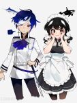  1boy 1girl absurdres bangs black_eyes black_hair black_legwear blue_hair ciosuii cross cross_earrings earrings highres holding holding_sword holding_weapon jewelry long_hair maid multicolored_hair original pantyhose personification purple_eyes short_hair single_earring swept_bangs sword weapon white_hair 