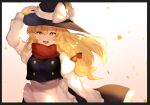  1girl :d apron arm_up bangs black_vest blonde_hair blurry bow braid breasts buttons depth_of_field eyebrows_behind_hair floating_hair hair_between_eyes hair_bow hat highres juliet_sleeves kirisame_marisa large_breasts long_hair long_sleeves majime_joe open_mouth puffy_sleeves red_bow simple_background single_braid smile solo touhou upper_body very_long_hair vest waist_apron white_apron white_background witch_hat yellow_eyes 