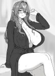  1girl bangs blush breasts brown_haired_glasses_elf_(houtengeki) cleavage collarbone elf glasses greyscale highres houtengeki japanese_clothes kimono large_breasts long_hair long_sleeves looking_at_viewer monochrome pointy_ears solo sweat thighs yukata 