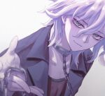  1boy bangs black_jacket chain collar collarbone danganronpa_(series) danganronpa_another_episode:_ultra_despair_girls grey_background hair_between_eyes jacket komaeda_nagito male_focus medium_hair messy_hair metal_collar open_clothes open_jacket porary red_shirt servant_(danganronpa) shirt simple_background smile upper_body white_background 