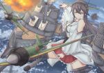  1girl absurdres aircraft airplane anti-aircraft_gun b6n_tenzan blush bomber breasts brown_thighhighs commentary_request detached_sleeves double-parted_bangs fairy_(kancolle) firing frilled_skirt frills grey_hair hair_between_eyes hair_ornament hairband hairclip haruna_(kancolle) highres japanese_clothes kantai_collection kimono large_breasts long_hair long_sidelocks mast military_vehicle nontraditional_miko parallel_hairclips red_skirt rigging shikabiscuit ship_turret sidelocks skirt sleeveless sleeveless_kimono smile solo_focus thighhighs torpedo torpedo_bomber twitter_username very_long_hair white_kimono wide_sleeves 