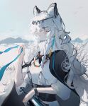  animal_ear_fluff animal_ears arknights bell belt black_cape blue_sky blush bracelet braid cape circlet day dress grey_eyes highres holding holding_bell jewelry leopard_ears long_hair long_sleeves mountainous_horizon outdoors parted_lips pramanix_(arknights) silver_hair sky turtleneck_dress twin_braids upper_body very_long_hair white_dress 