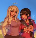  2girls :d ahoge akamatsu_kaede artist_name backpack bag bangs black_sailor_collar blonde_hair breasts brown_necktie closed_mouth collared_shirt danganronpa_(series) danganronpa_v3:_killing_harmony day eyebrows_visible_through_hair hair_ornament hairclip harukawa_maki highres large_breasts long_hair looking_at_viewer missarilicious mole mole_under_eye multiple_girls necktie open_mouth outdoors pink_vest pout red_shirt sailor_collar shirt sketch smile teeth upper_body upper_teeth vest 