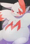  ambiguous_gender angry belly big_belly blush bodily_fluids claws cute_fangs dorobo_39 fluffy fur hi_res markings nintendo overweight pink_sclera pok&eacute;mon pok&eacute;mon_(species) raised_arms red_body red_fur red_markings simple_background slightly_chubby solo sweat sweatdrop video_games white_body white_fur zangoose 