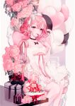  1girl absurdres balloon bangs beryl_(blueberylpie) cake choker dress flower food gift hair_between_eyes hair_ornament happy_birthday highres niconico nqrse pink_eyes pink_hair ribbon short_hair solo utaite_(singer) white_dress 