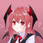  1girl artist_request bat_wings black_vest colored_eyelashes commentary_request eyelashes hair_between_eyes head_wings koakuma long_hair looking_at_viewer pink_background red_eyes red_hair red_neckwear shirt sidelocks simple_background smile solo touhou upper_body vest white_shirt wings 