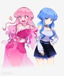  ! !! 2girls absurdres artist_name black_skirt blue_eyes blue_hair blush choker ciosuii closed_mouth eyebrows_visible_through_hair highres long_hair looking_at_viewer looking_away multiple_girls open_mouth original personification pink_eyes pink_hair skirt teeth 