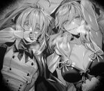  2girls ahoge artoria_pendragon_(caster)_(fate) artoria_pendragon_(fate) bangs blush bow braid breasts buttons cape center_opening cleavage double-breasted dress fate/grand_order fate_(series) french_braid greyscale hair_bow highres hood hooded_cape hxd large_breasts long_hair long_sleeves looking_at_viewer lying monochrome morgan_le_fay_(fate) multiple_girls navel on_back parted_lips ponytail sidelocks small_breasts smile twintails two-tone_dress very_long_hair wide_sleeves 