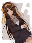  1girl artist_name bangs blazer bow bowtie brown_background brown_bow brown_bowtie brown_eyes brown_hair brown_jacket brown_skirt closed_mouth clothes_lift commentary_request dress dress_shirt eyebrows_visible_through_hair h hair_ribbon hairband highres jacket kouyouen_academy_uniform kuuma25_kuma long_hair long_sleeves ribbon school_uniform serious shadow shirt skirt suzumiya_haruhi suzumiya_haruhi_no_shoushitsu suzumiya_haruhi_no_yuuutsu twitter_username two-tone_background watermark white_background white_shirt yellow_hairband yellow_ribbon 