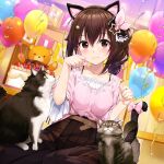  1girl :3 amagai_tarou animal_ears animal_on_lap ankimo_(tokino_sora) balloon belt birthday_cake black_hairband black_skirt blush bow bra_strap breasts brown_belt brown_eyes brown_hair buttons cake cat cat_ears cat_on_lap cat_tail closed_mouth collarbone commentary eyebrows_visible_through_hair fake_animal_ears fake_tail feet_out_of_frame food frilled_shirt frills hair_between_eyes hair_ornament hair_ribbon hairband happy_birthday highres hololive indoors intertwined_tails long_hair looking_at_viewer medium_breasts official_alternate_costume paw_pose pink_bow pink_ribbon pink_shirt pleated_skirt ribbon shirt shirt_tucked_in sitting skirt smile solo star_(symbol) star_hair_ornament tail tail_bow tail_ornament tokino_sora undershirt virtual_youtuber wariza white_shirt 