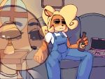  activision anthro bandicoot beverage black_nose blonde_hair bottle clothed clothing coco_bandicoot computer crash_bandicoot_(series) detailed_background eyebrows female furniture green_eyes hair holding_bottle holding_object inside lamp laptop mammal marsupial meme narrowed_eyes on_sofa orange_body overalls picture_frame shirt sitting sofa solo table topwear unknown_artist video_games white_clothing white_shirt white_topwear window 