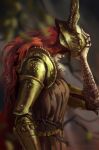  1girl absurdres belt blurry blurry_background brown_dress closed_mouth depth_of_field dress elden_ring from_side helmet highres holding holding_helmet long_hair malenia_blade_of_miquella mechanical_arms profile prosthesis prosthetic_arm red_hair single_mechanical_arm solo standing varrulin winged_helmet 