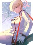  1girl badge blonde_hair blue_archive blurry blurry_background border breasts copyright_name epaulettes gloves goroo halo highres jacket large_breasts long_sleeves looking_at_viewer marina_(blue_archive) pants pantyhose parted_lips short_hair sling solo tree white_gloves white_jacket white_legwear winter yellow_eyes 