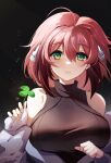  1girl absurdres ahoge bangs bare_shoulders breasts clover eyebrows_behind_hair eyebrows_visible_through_hair hair_between_eyes highres holding holding_clover ikamochi_kalong ikaros large_breasts looking_at_viewer pink_hair short_hair smile solo sora_no_otoshimono sweat upper_body vest 