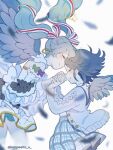  2girls angel_wings back_bow black_hair blue_hair blurry bow cable_knit closed_eyes closed_mouth depth_of_field detached_collar detached_sleeves dress earrings eyelashes feathered_wings feathers floating_hair forehead-to-forehead frilled_sleeves frills gold_trim grey_feathers grey_wings hair_ribbon happy hatsune_miku headpiece heads_together highres holding_hands hoop_earrings hoshino_ichika_(project_sekai) interlocked_fingers jewelry juliet_sleeves konpeito_u light_blush long_hair long_sleeves mini_wings multiple_girls parted_lips plaid plaid_skirt pleated_skirt project_sekai puffy_sleeves ribbon short_dress short_hair simple_background single_vertical_stripe skirt smile strapless strapless_dress striped striped_ribbon sweater twintails twitter_username very_long_hair vocaloid white_background white_bow white_dress white_ribbon white_sleeves white_sweater wide_sleeves wings 